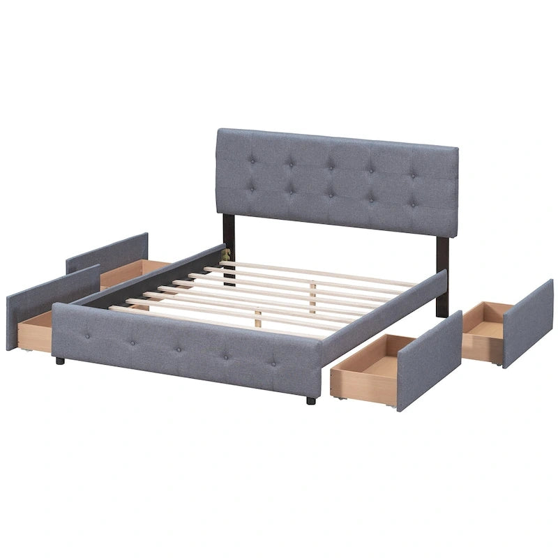 Cadre de lit plateforme capitonné en lin, grand lit (Queen Size), avec 4 tiroirs de rangement