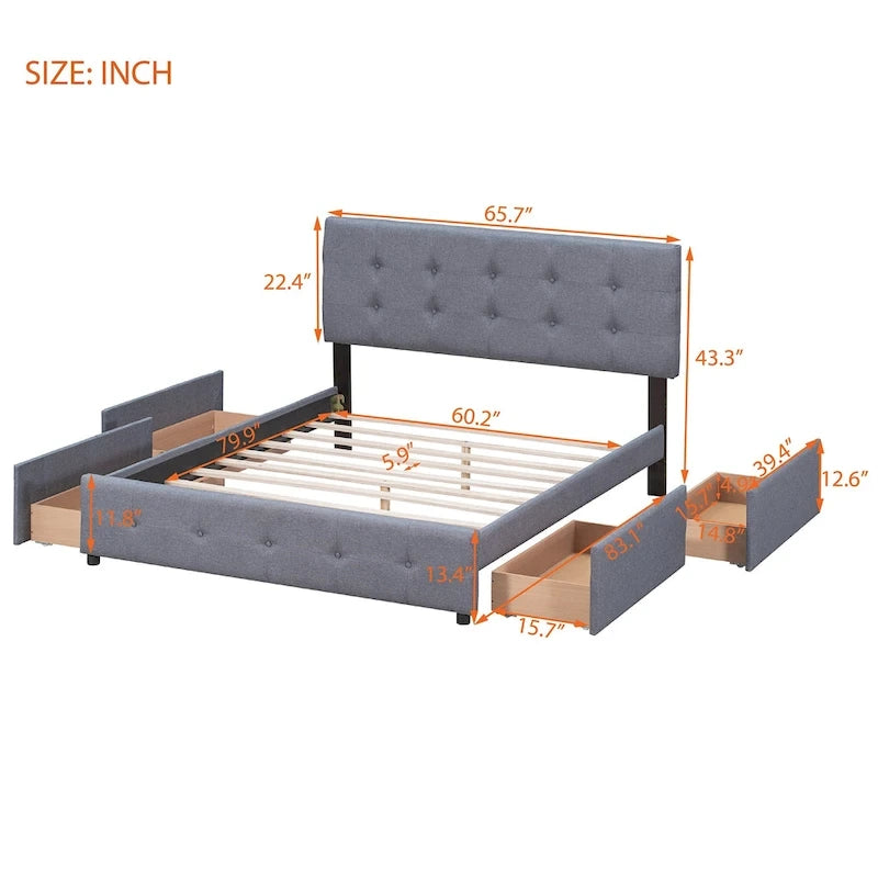 Cadre de lit plateforme capitonné en lin, grand lit (Queen Size), avec 4 tiroirs de rangement