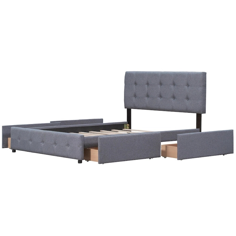 Cadre de lit plateforme capitonné en lin, grand lit (Queen Size), avec 4 tiroirs de rangement