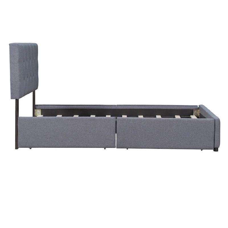 Cadre de lit plateforme capitonné en lin, grand lit (Queen Size), avec 4 tiroirs de rangement