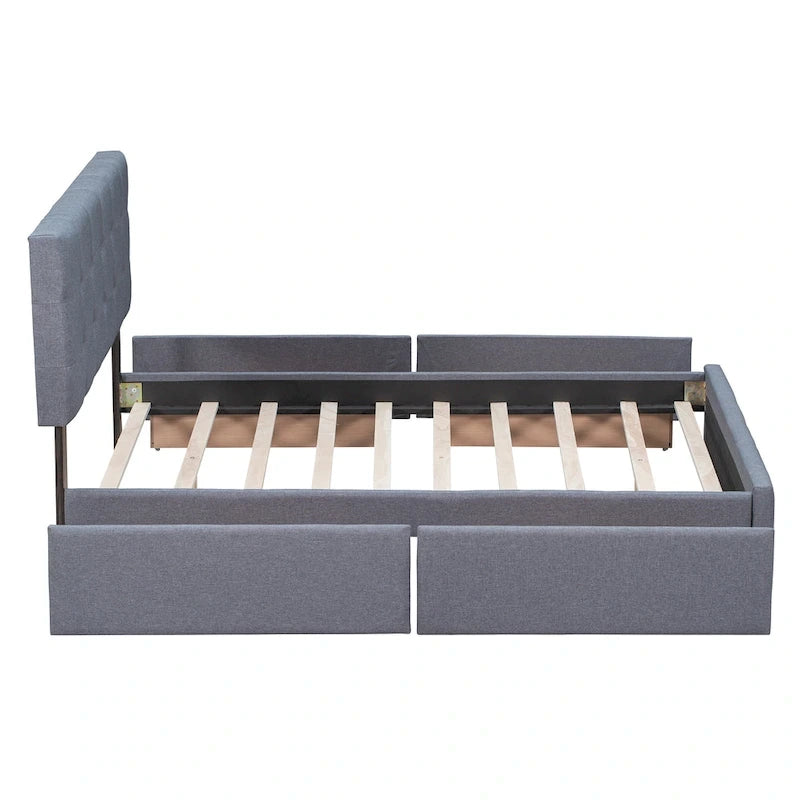 Cadre de lit plateforme capitonné en lin, grand lit (Queen Size), avec 4 tiroirs de rangement