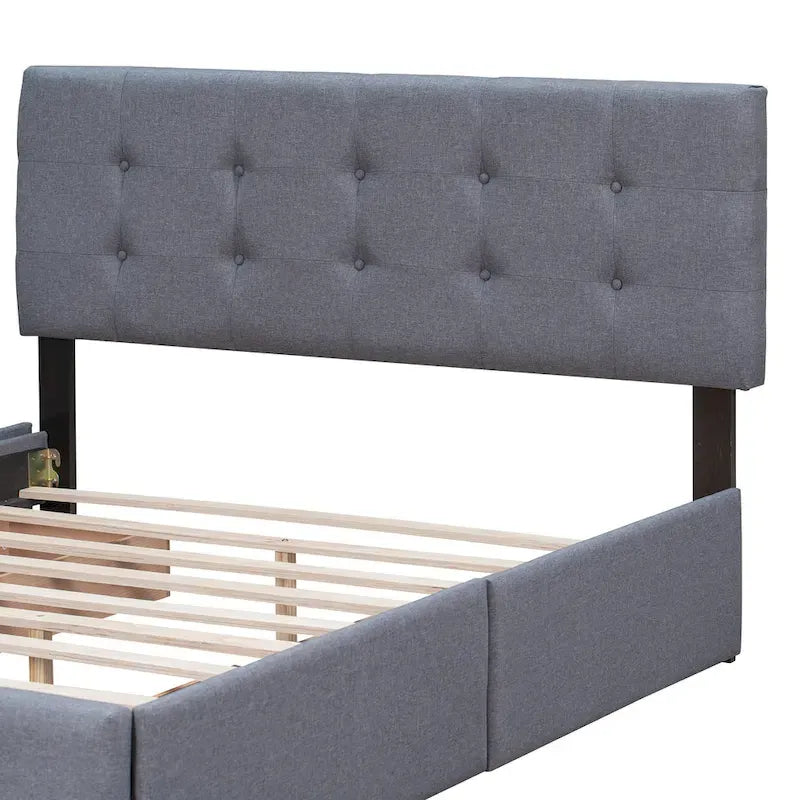 Cadre de lit plateforme capitonné en lin, grand lit (Queen Size), avec 4 tiroirs de rangement