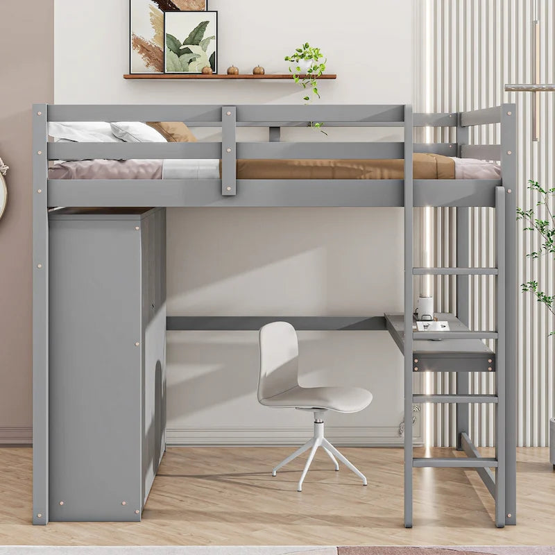 Lit mezzanine en bois massif avec armoire et bureau