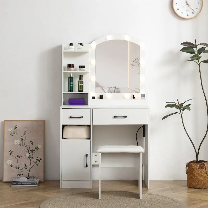 Coiffeuse avec miroir lumineux, 3 tiroirs et armoire de rangement