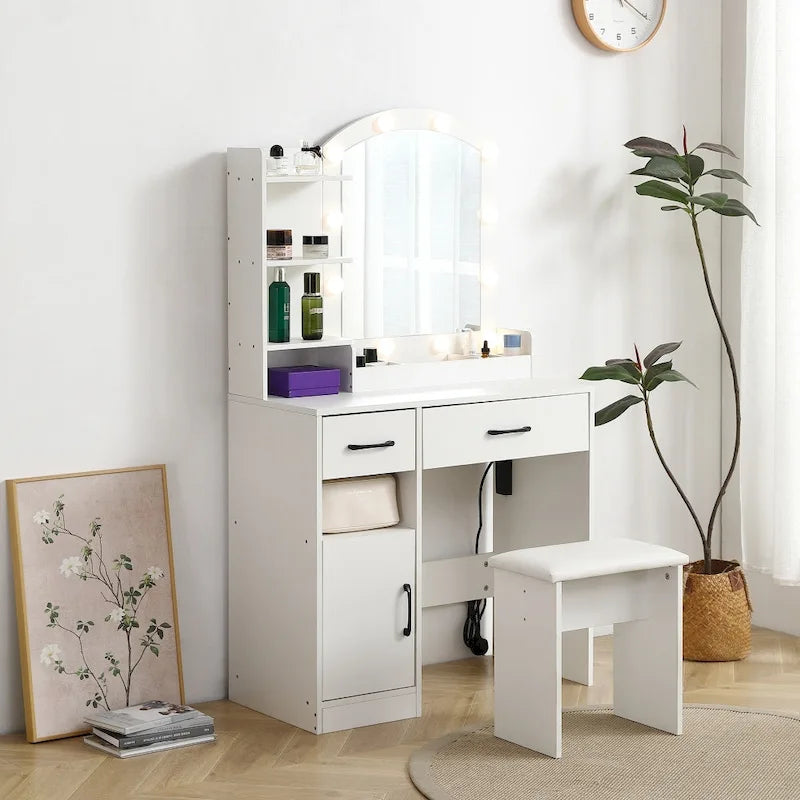 Coiffeuse avec miroir lumineux, 3 tiroirs et armoire de rangement