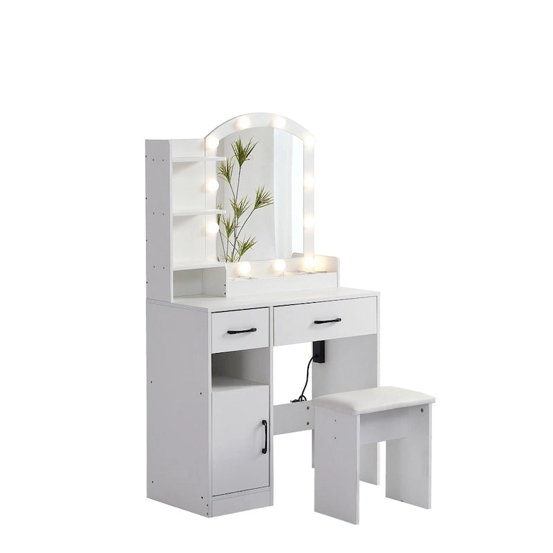 Coiffeuse avec miroir lumineux, 3 tiroirs et armoire de rangement
