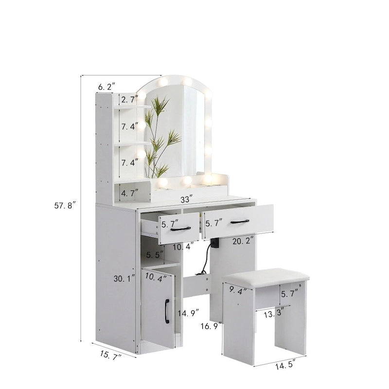 Coiffeuse avec miroir lumineux, 3 tiroirs et armoire de rangement