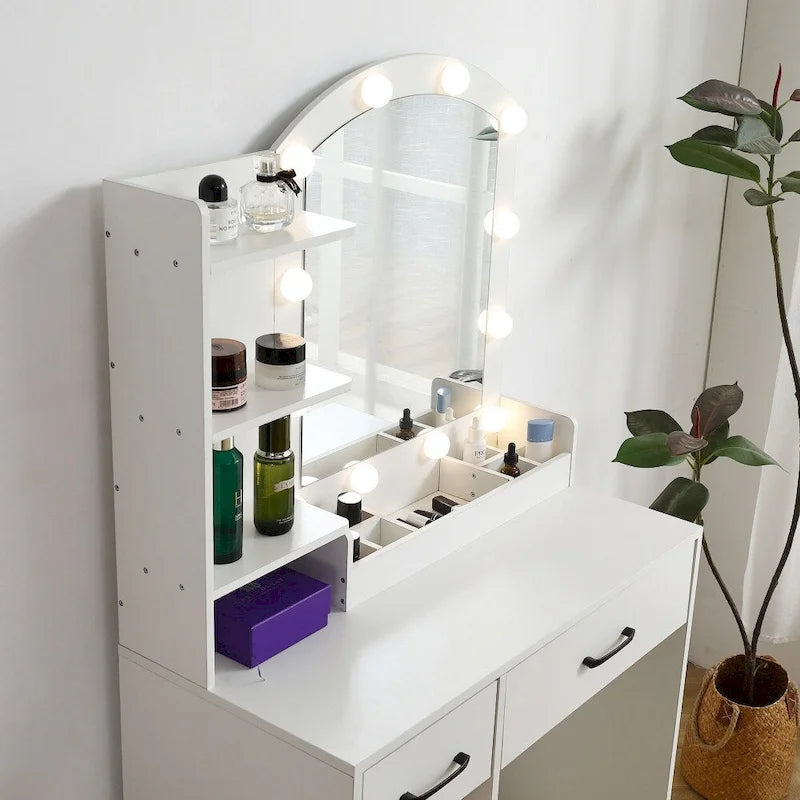 Coiffeuse avec miroir lumineux, 3 tiroirs et armoire de rangement