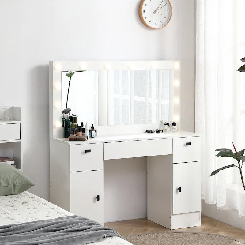 Coiffeuse avec miroir lumineux, 3 tiroirs et armoire de rangement