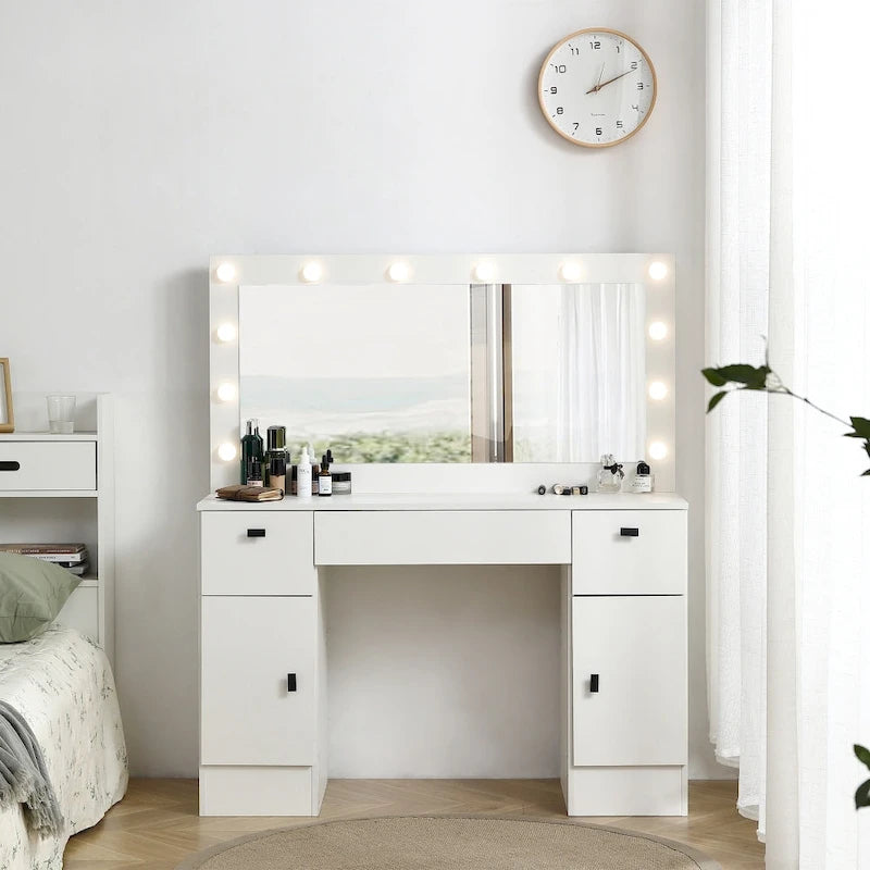 Coiffeuse avec miroir lumineux, 3 tiroirs et armoire de rangement