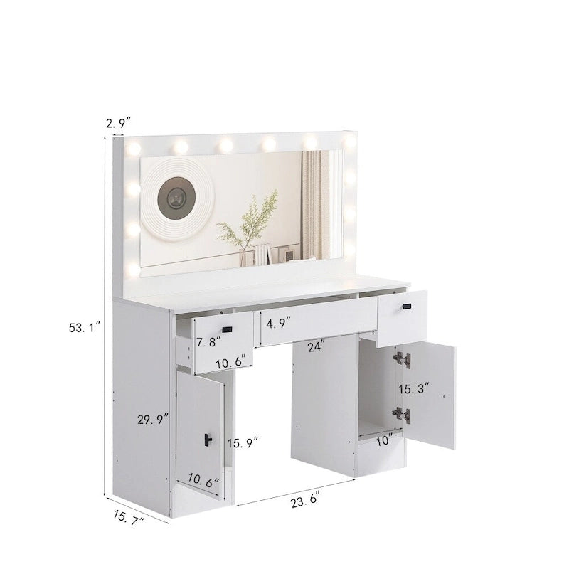 Coiffeuse avec miroir lumineux, 3 tiroirs et armoire de rangement