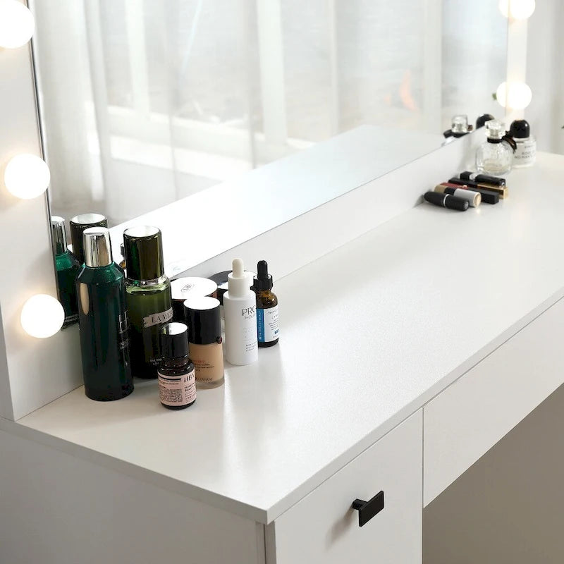 Coiffeuse avec miroir lumineux, 3 tiroirs et armoire de rangement