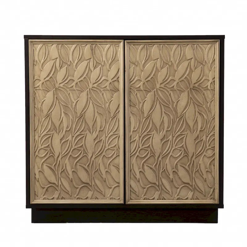 Buffet sculpté floral brun foncé et naturel à deux portes