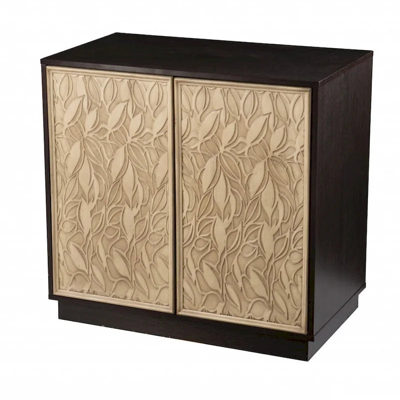 Buffet sculpté floral brun foncé et naturel à deux portes