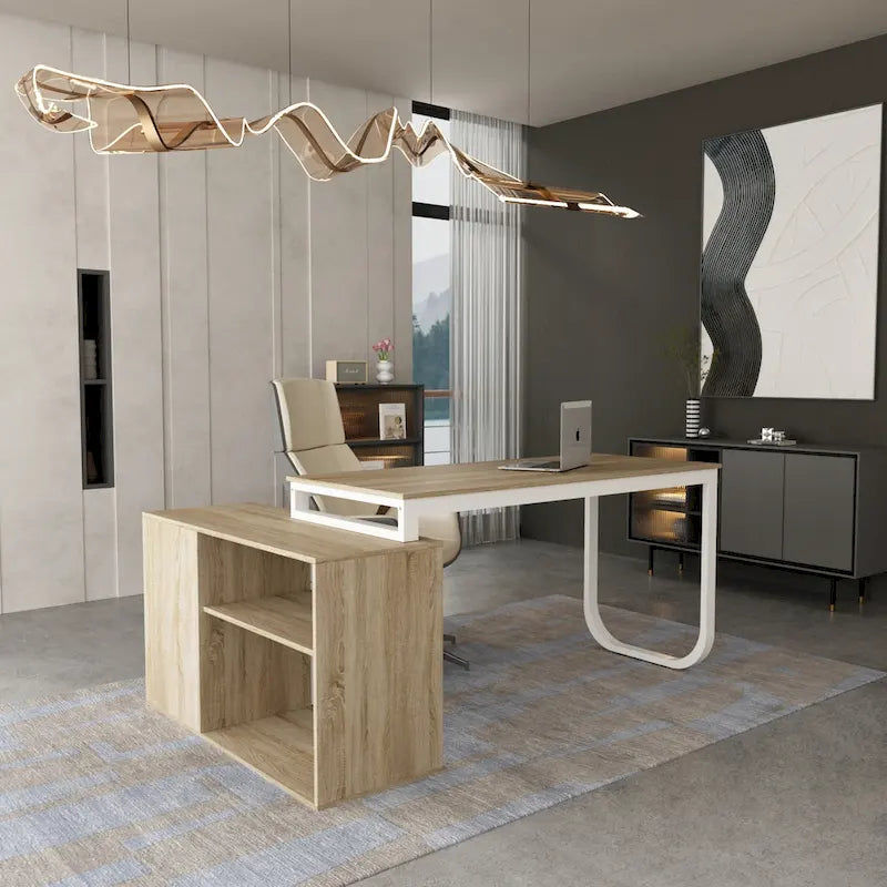 Bureau d'ordinateur d'angle en forme de L de 55 pouces avec tiroirs, en bois