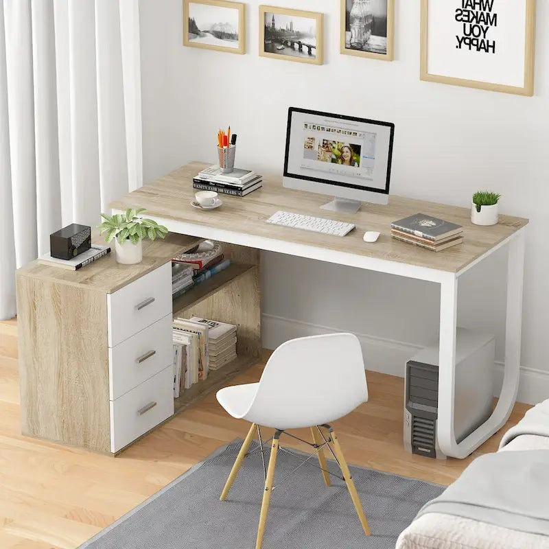 Bureau d'ordinateur d'angle en forme de L de 55 pouces avec tiroirs, en bois