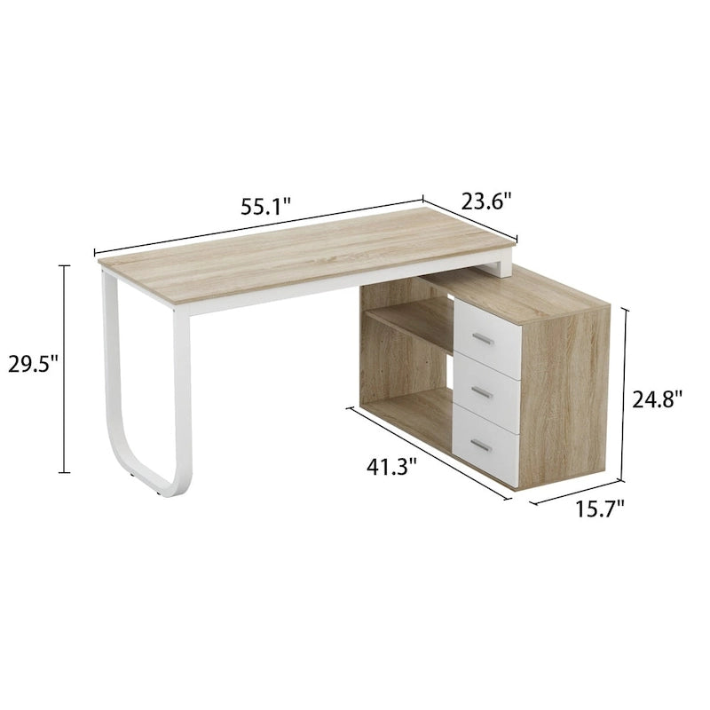 Bureau d'ordinateur d'angle en forme de L de 55 pouces avec tiroirs, en bois