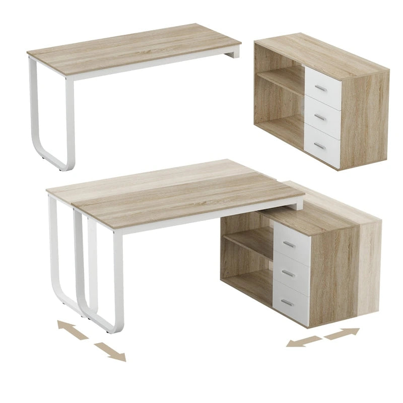Bureau d'ordinateur d'angle en forme de L de 55 pouces avec tiroirs, en bois