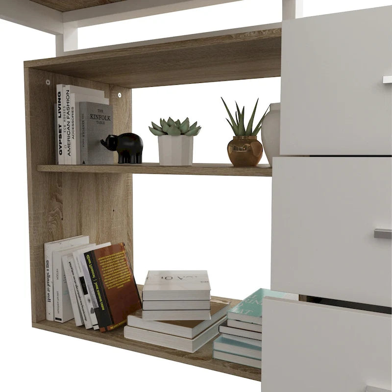 Bureau d'ordinateur d'angle en forme de L de 55 pouces avec tiroirs, en bois
