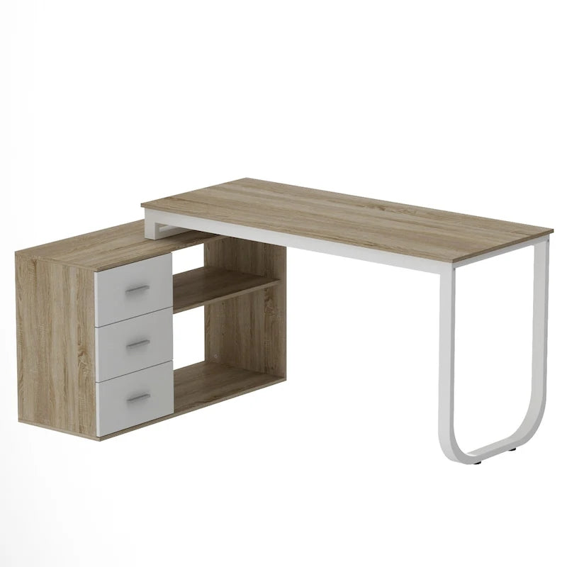 Bureau d'ordinateur d'angle en forme de L de 55 pouces avec tiroirs, en bois