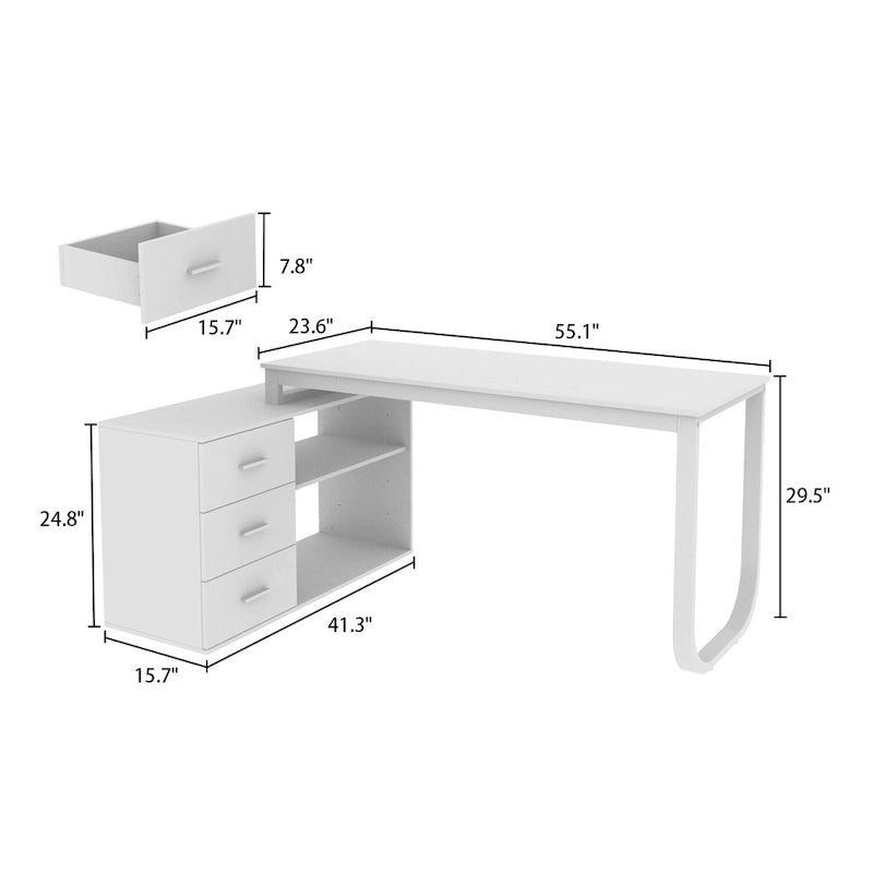 Bureau d'ordinateur d'angle en forme de L de 55 pouces avec tiroirs, en bois