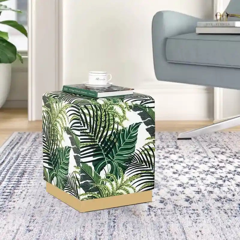 Pouffe ottoman carré en velours, tabouret de coiffeuse avec base plaquée or