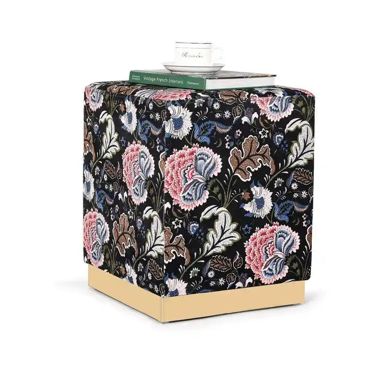Pouffe ottoman carré en velours, tabouret de coiffeuse avec base plaquée or