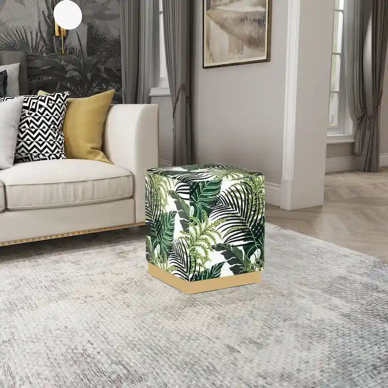 Pouffe ottoman carré en velours, tabouret de coiffeuse avec base plaquée or