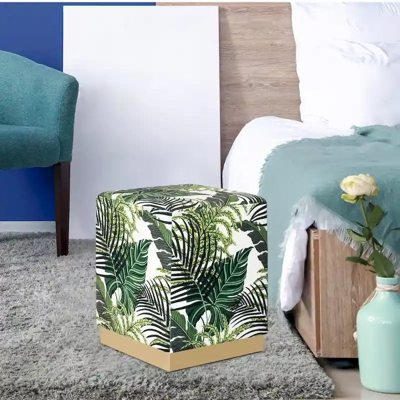 Pouffe ottoman carré en velours, tabouret de coiffeuse avec base plaquée or