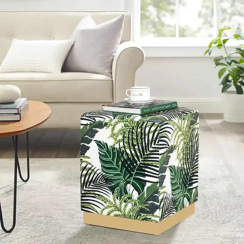 Pouffe ottoman carré en velours, tabouret de coiffeuse avec base plaquée or