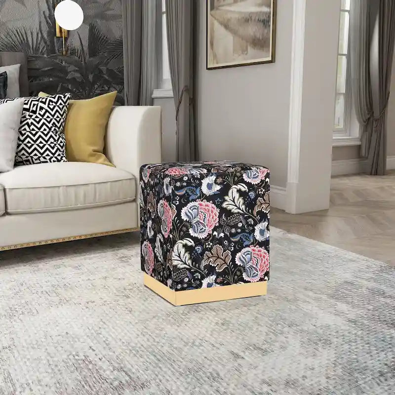 Pouffe ottoman carré en velours, tabouret de coiffeuse avec base plaquée or