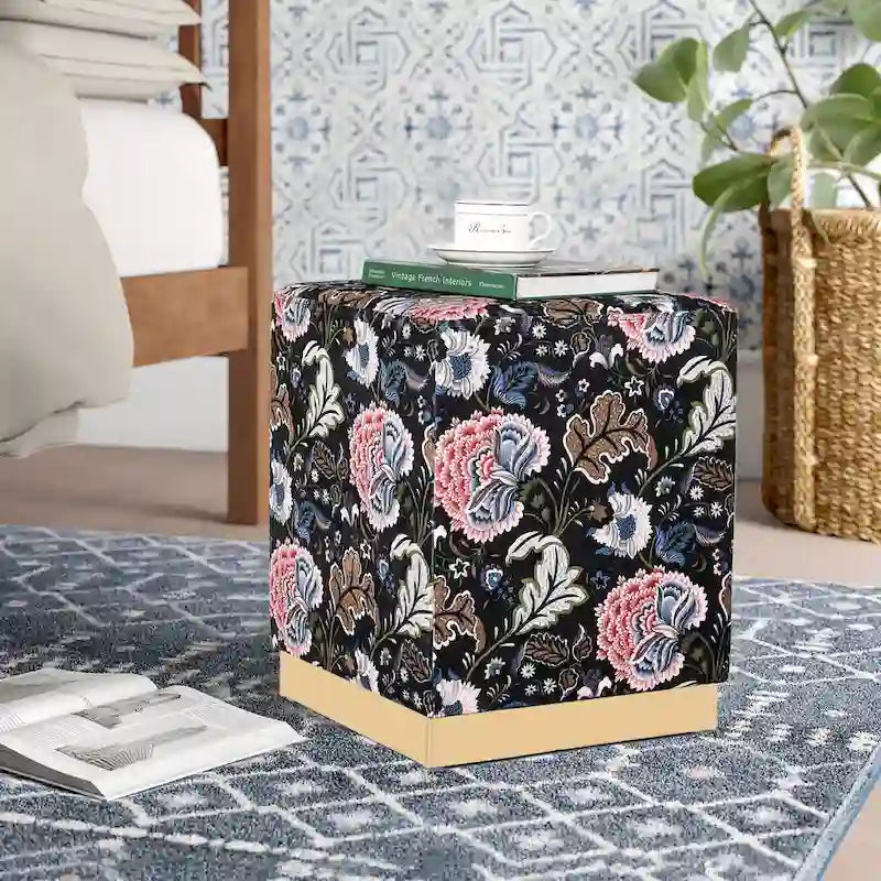 Pouffe ottoman carré en velours, tabouret de coiffeuse avec base plaquée or