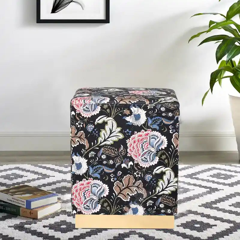 Pouffe ottoman carré en velours, tabouret de coiffeuse avec base plaquée or