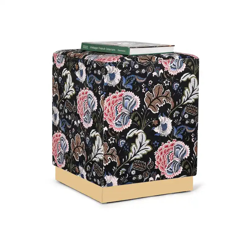 Pouffe ottoman carré en velours, tabouret de coiffeuse avec base plaquée or