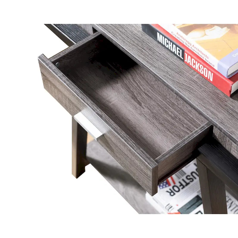Console en bois avec piètement oblique et tiroir, noire et grise