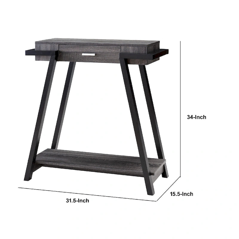 Console en bois avec piètement oblique et tiroir, noire et grise
