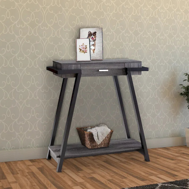 Console en bois avec piètement oblique et tiroir, noire et grise