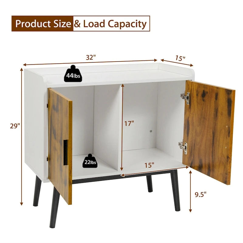Buffet Armoire de Rangement avec Pieds en Métal et 2 Portes - 32 x 15 x 29 (L x l x H)