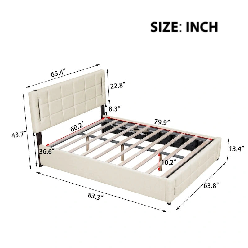 Lit rembourré Queen Size avec système de rangement hydraulique