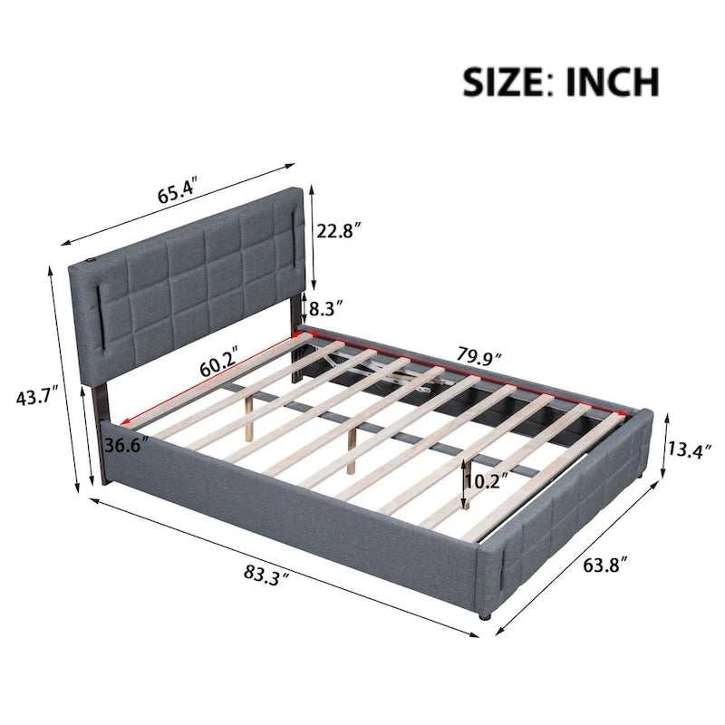 Lit rembourré Queen Size avec système de rangement hydraulique
