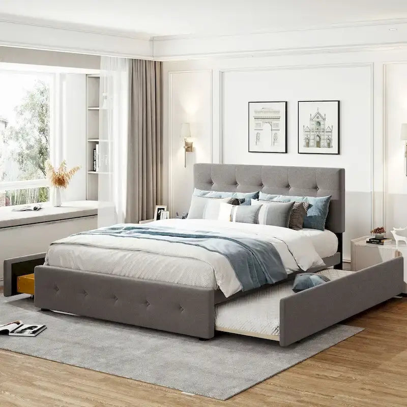 Lit plateforme Queen Size en tissu de lin avec 2 tiroirs et lit gigogne Twin XL