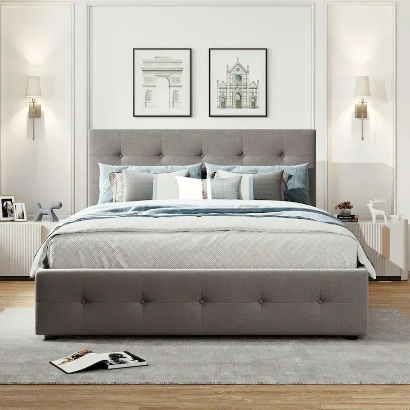 Lit plateforme Queen Size en tissu de lin avec 2 tiroirs et lit gigogne Twin XL