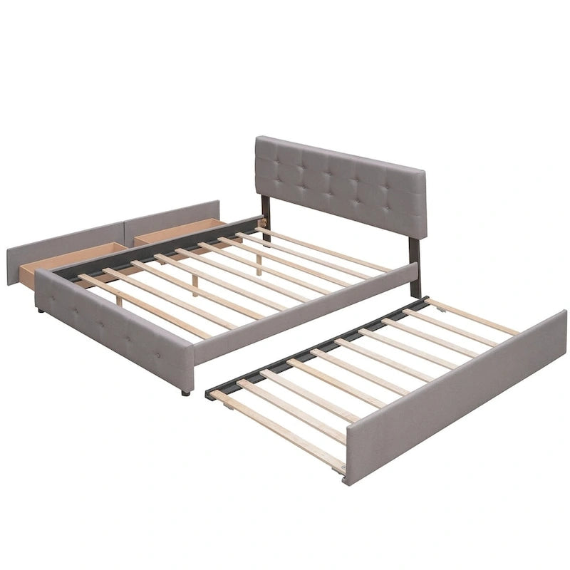 Lit plateforme Queen Size en tissu de lin avec 2 tiroirs et lit gigogne Twin XL