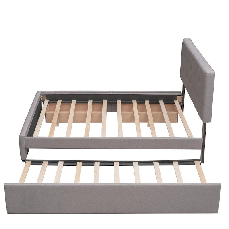 Lit plateforme Queen Size en tissu de lin avec 2 tiroirs et lit gigogne Twin XL