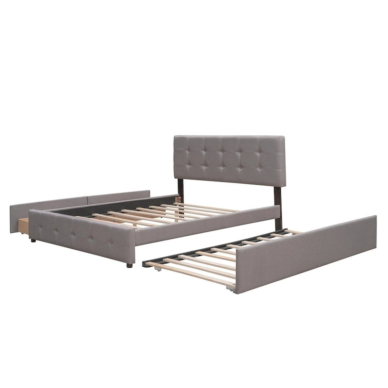 Lit plateforme Queen Size en tissu de lin avec 2 tiroirs et lit gigogne Twin XL