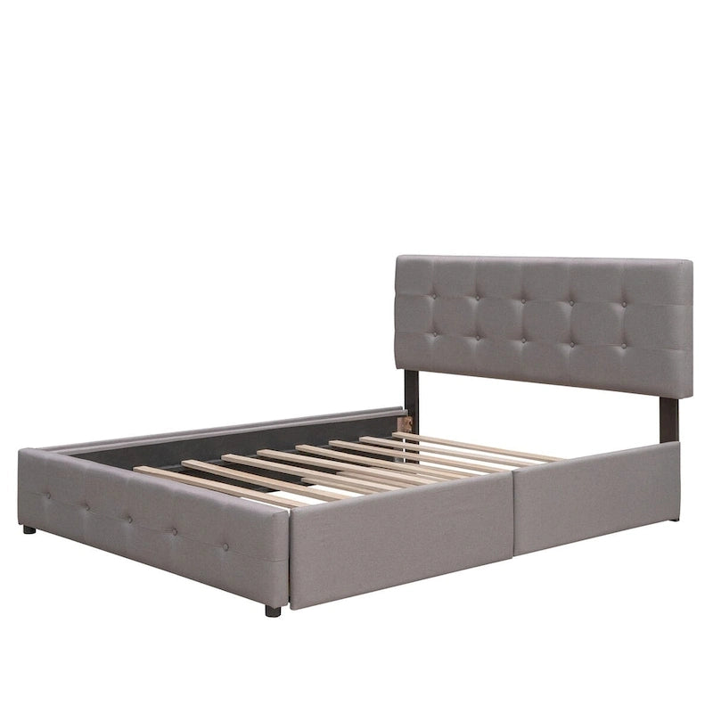 Lit plateforme Queen Size en tissu de lin avec 2 tiroirs et lit gigogne Twin XL