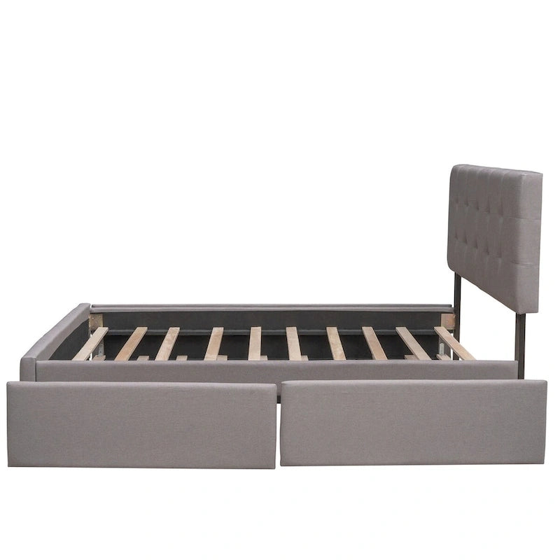Lit plateforme Queen Size en tissu de lin avec 2 tiroirs et lit gigogne Twin XL