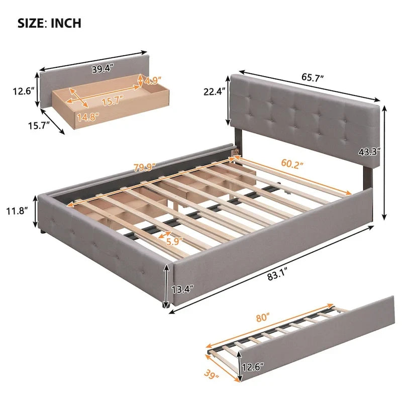 Lit plateforme Queen Size en tissu de lin avec 2 tiroirs et lit gigogne Twin XL