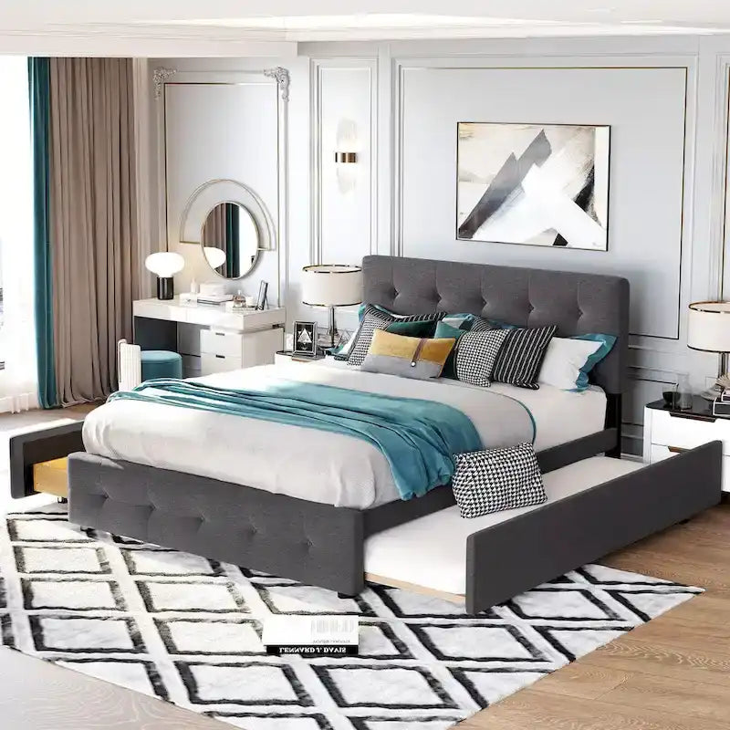 Lit plateforme Queen Size en tissu de lin avec 2 tiroirs et lit gigogne Twin XL