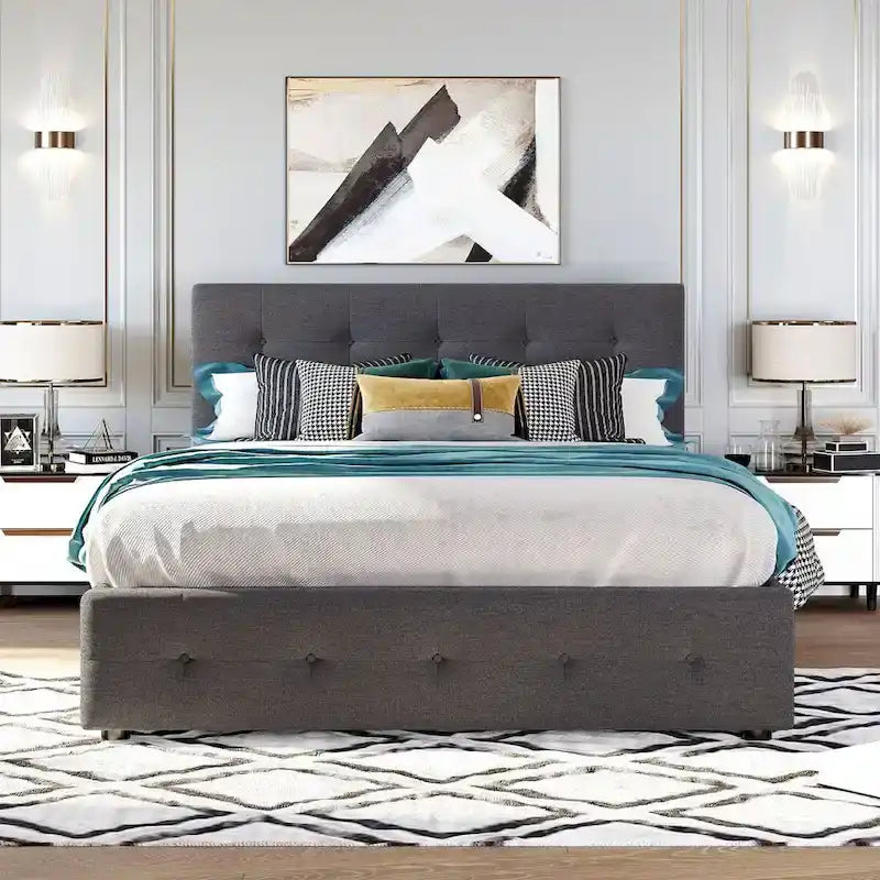 Lit plateforme Queen Size en tissu de lin avec 2 tiroirs et lit gigogne Twin XL